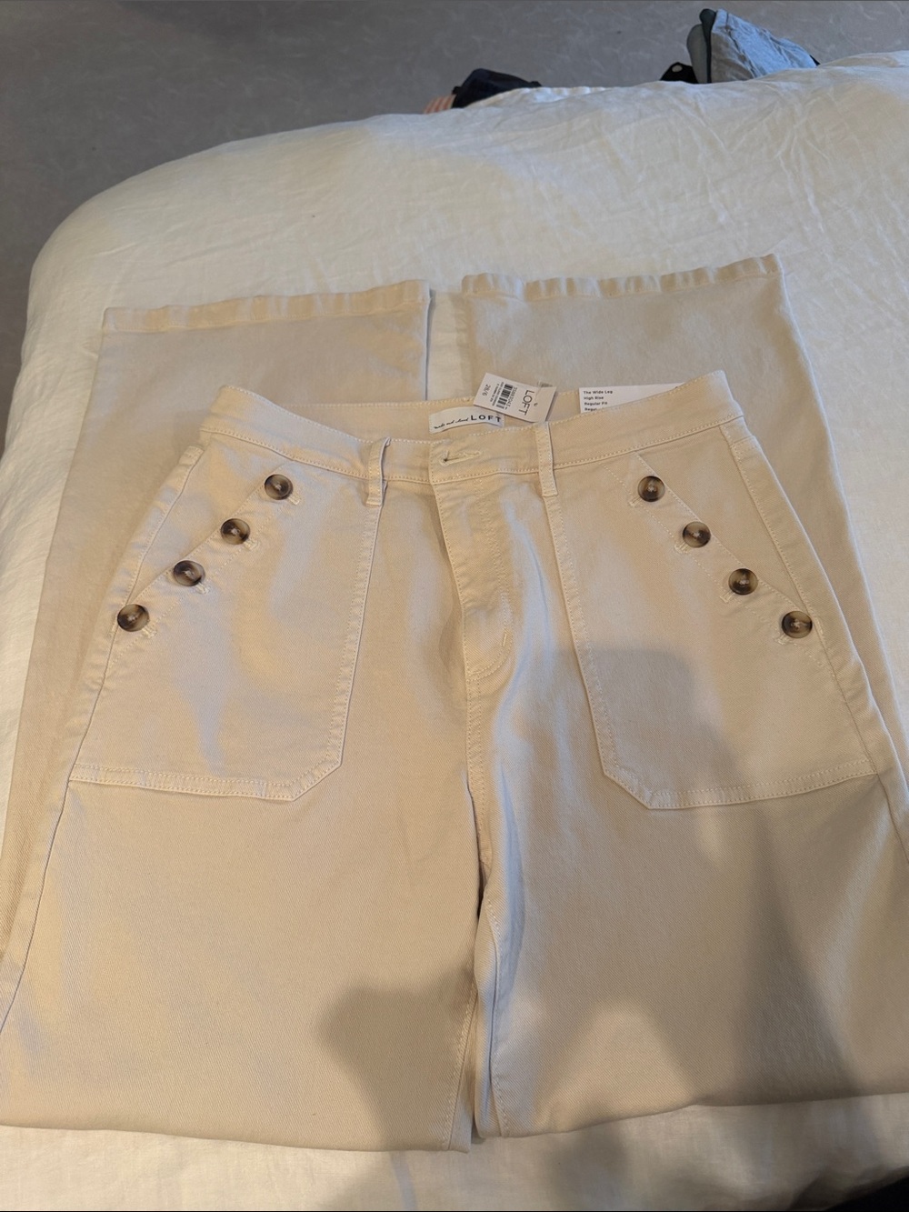 LOFT Cream Wide-Leg Button Pocket Jeans